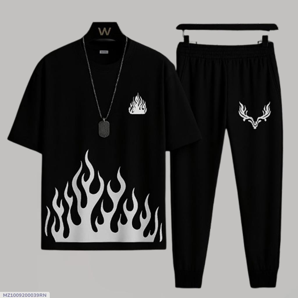 Men's Black Flame Print Micro Track Suit 2 Pcs