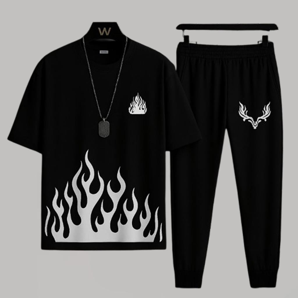 Men's Black Flame Print Micro Track Suit 2 Pcs