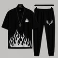 Men's Black Flame Print Micro Track Suit 2 Pcs