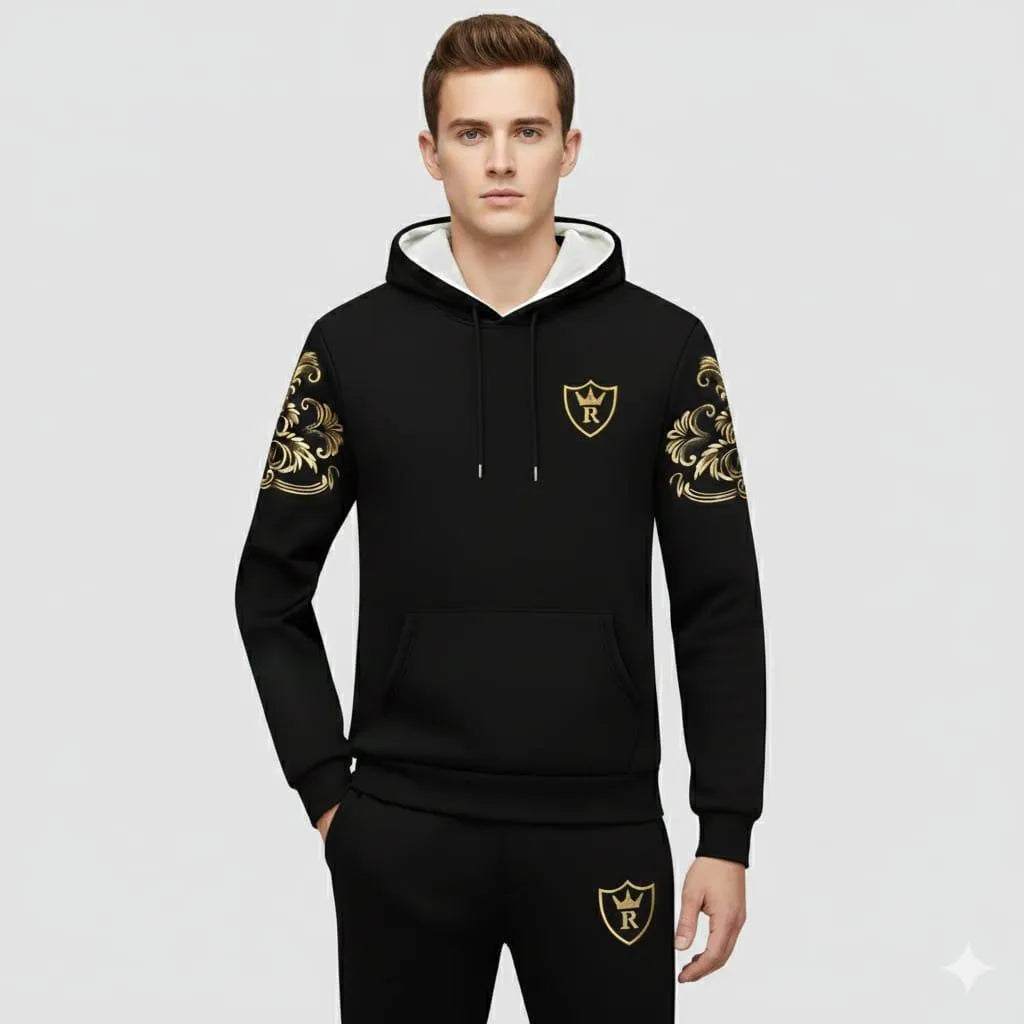 Men Black Royal Crest Hoodie Track Suit with Gold Floral Sleeves