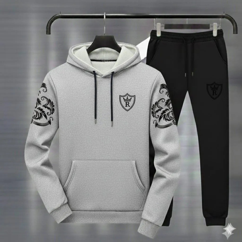 Men Grey Black Royal Crest Hoodie Track Suit Winter Fleece
