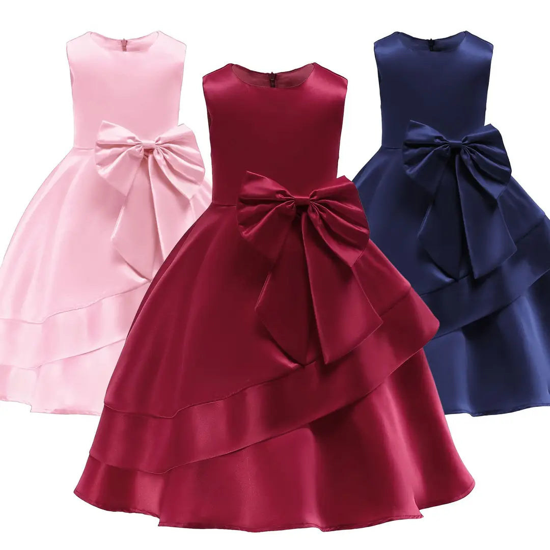 Girls Satin Bow Dress Pink Red Blue