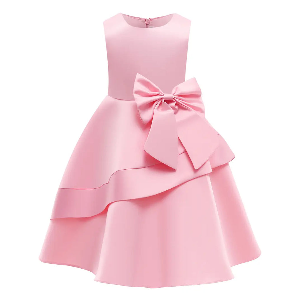 Girls Satin Bow Dress Pink Red Blue