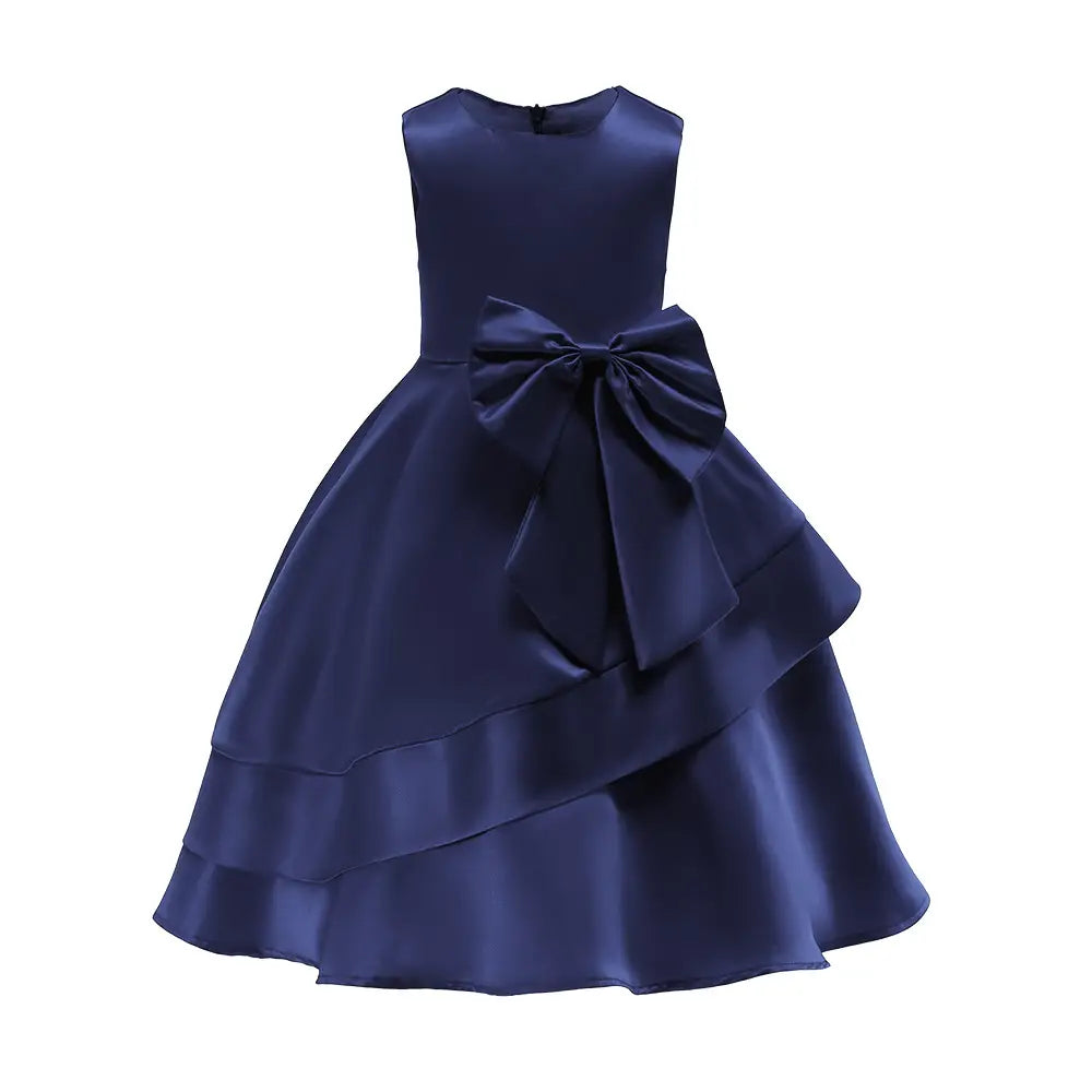 Girls Satin Bow Dress Pink Red Blue