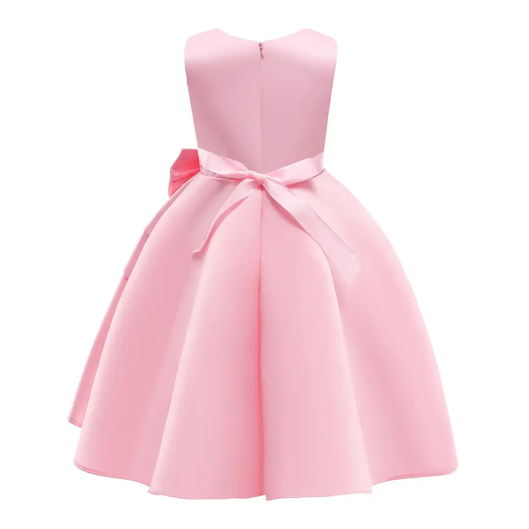 Girls Satin Bow Dress Pink Red Blue