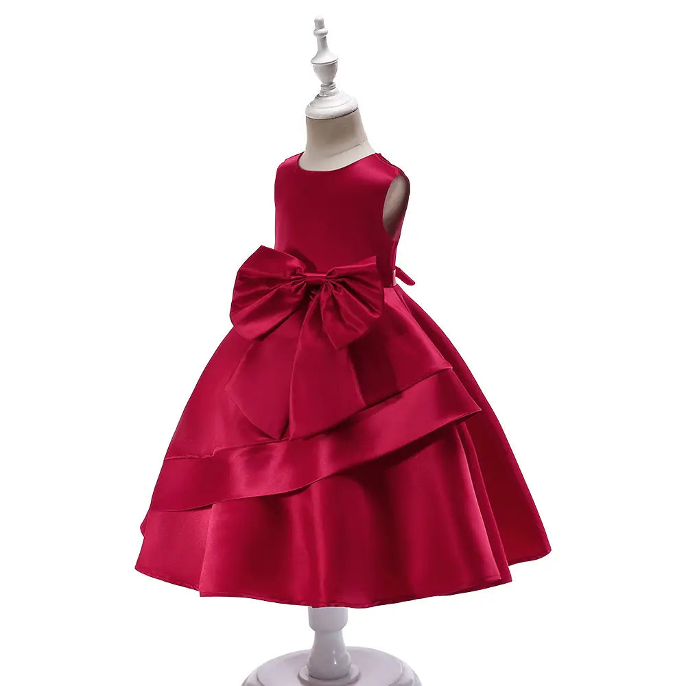Girls Satin Bow Dress Pink Red Blue