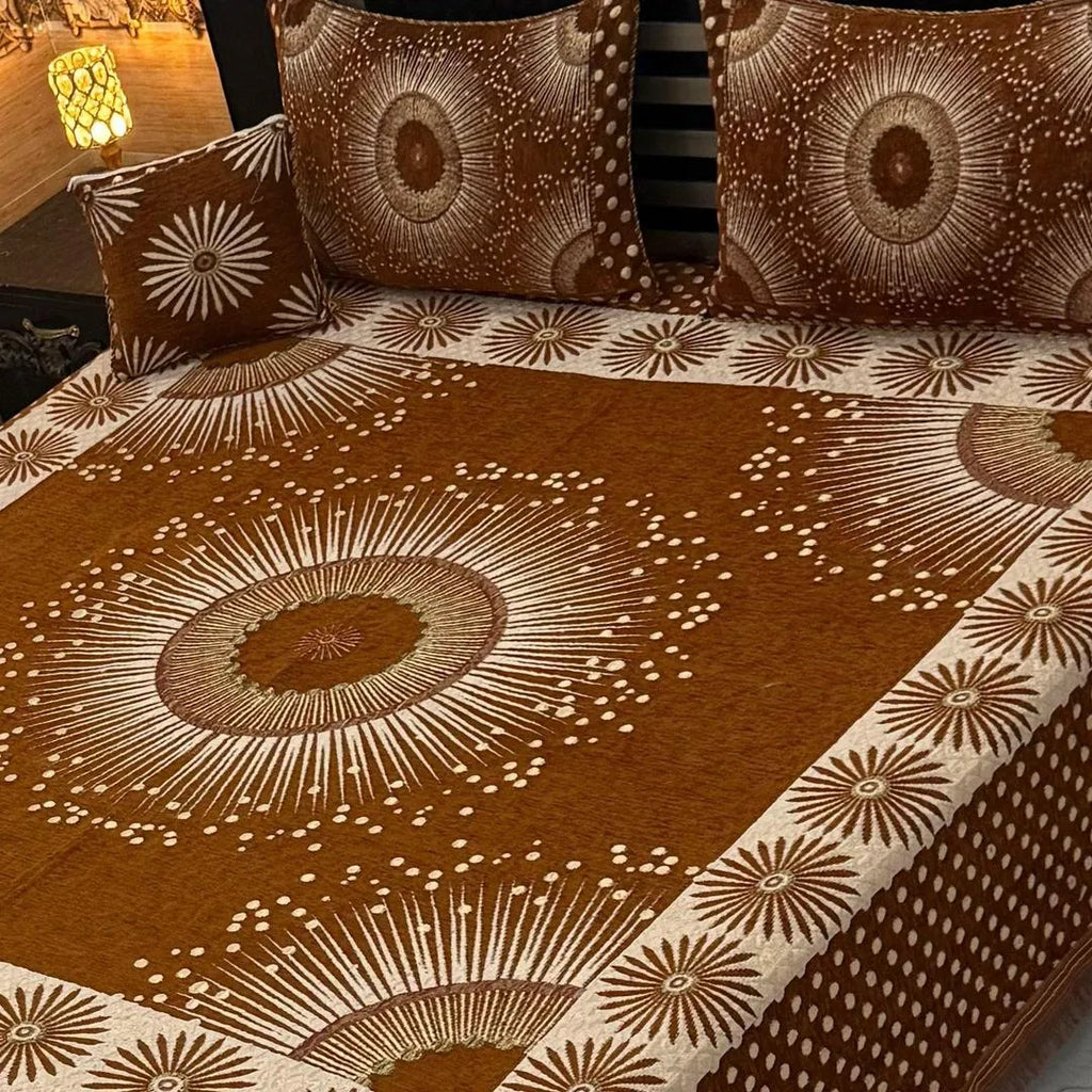 Brown Floral Quilted Bed Set with Pillow Covers