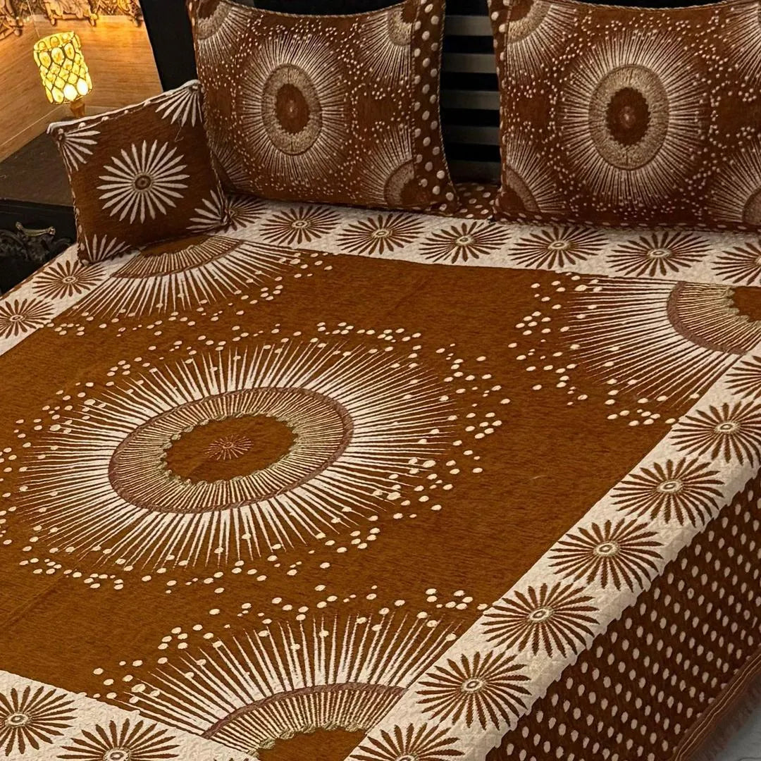 Brown Floral Quilted Bed Set with Pillow Covers
