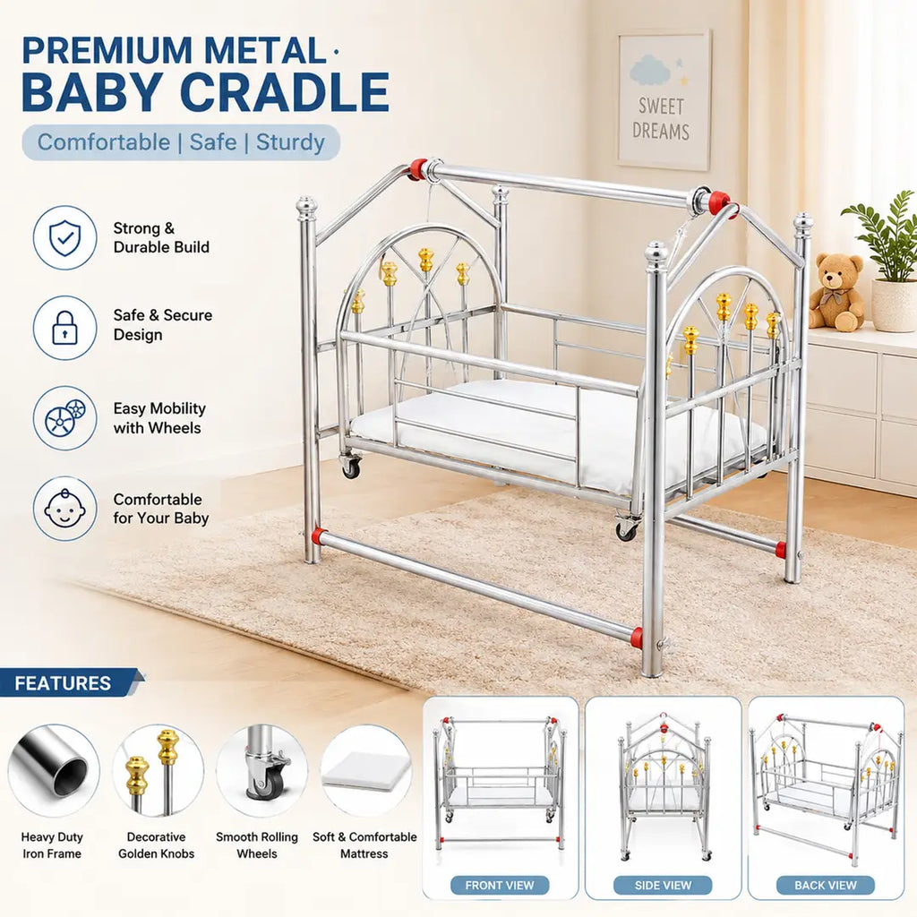 Premium Stainless Steel Baby Swing Cradle | Newborn Baby Jhoola with Wheels | Portable Baby Cot | Baby Bassinet Bed | Heavy Duty Infant Swing | Silver Baby Cradle Pakistan