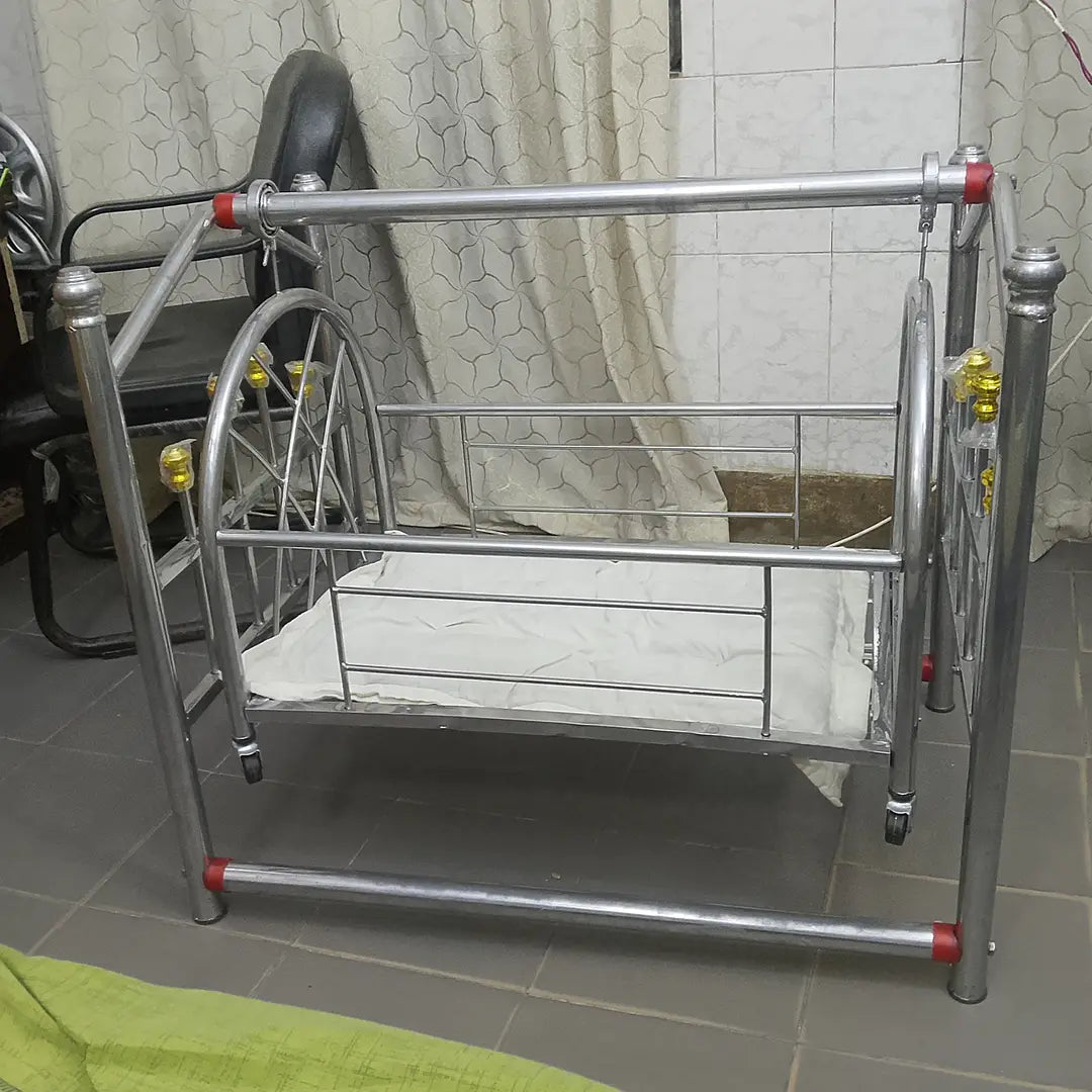 Premium Stainless Steel Baby Swing Cradle | Newborn Baby Jhoola with Wheels | Portable Baby Cot | Baby Bassinet Bed | Heavy Duty Infant Swing | Silver Baby Cradle Pakistan