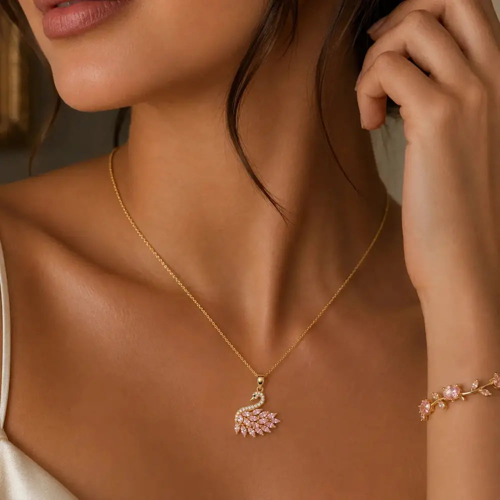 Golden Base Swan  Necklace And Tulip Bracelet Set