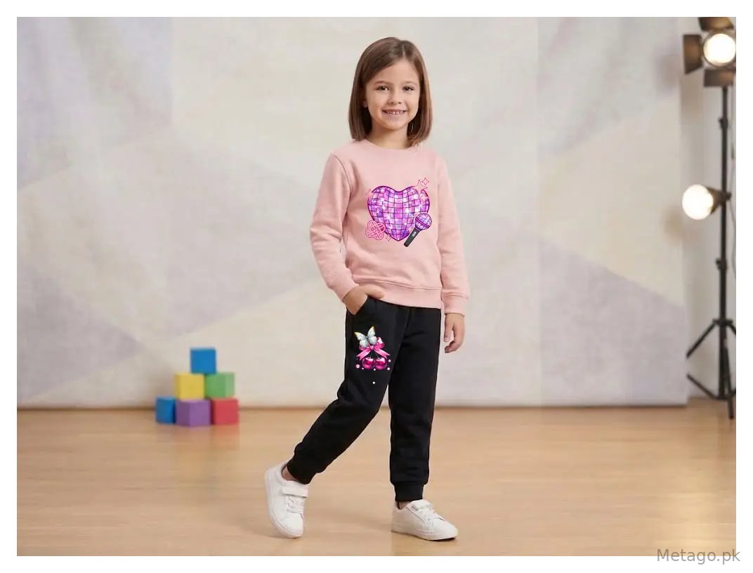 2 Pcs Girl's Fleece Printed Sweatshirt Tracksuit