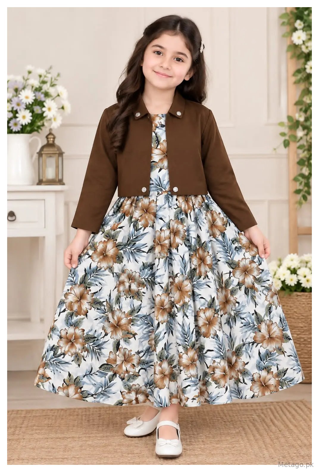 2 Pcs Girl's Georgette Printed Maxi & Jacket