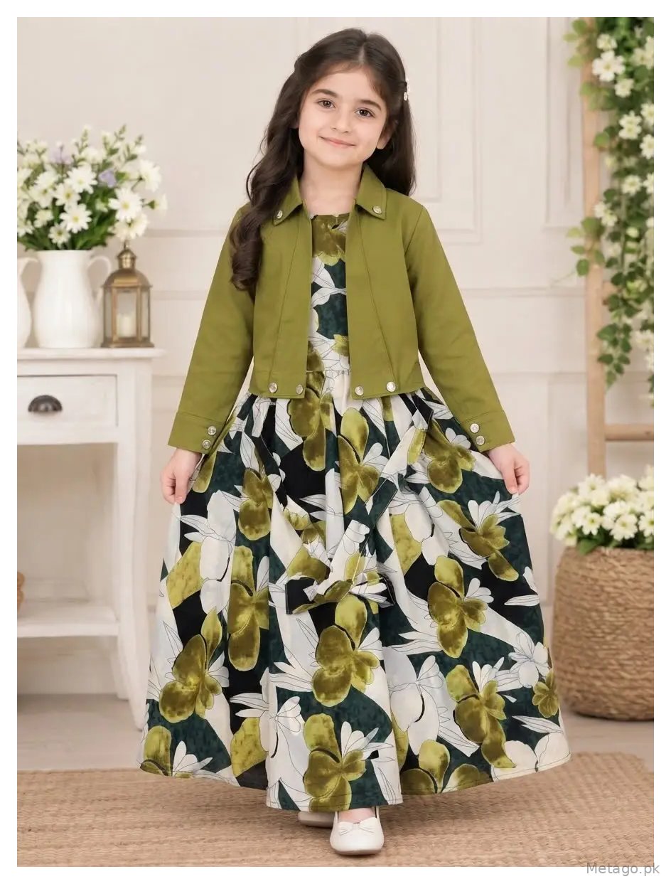 2 Pcs Girl's Georgette Printed Maxi & Jacket