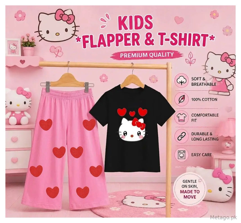 2 Pcs Girl's Stitched Jersey Printed Pajama And Shirt