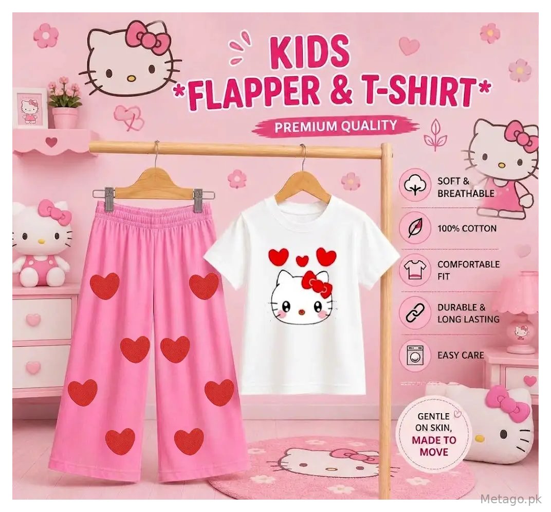 2 Pcs Girl's Stitched Jersey Printed Pajama And Shirt