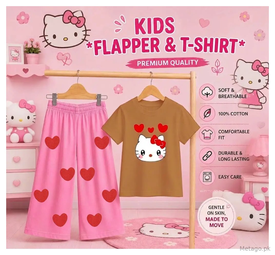 2 Pcs Girl's Stitched Jersey Printed Pajama And Shirt