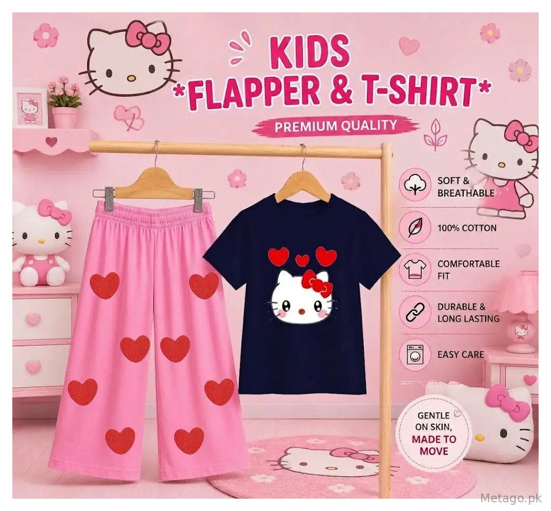 2 Pcs Girl's Stitched Jersey Printed Pajama And Shirt