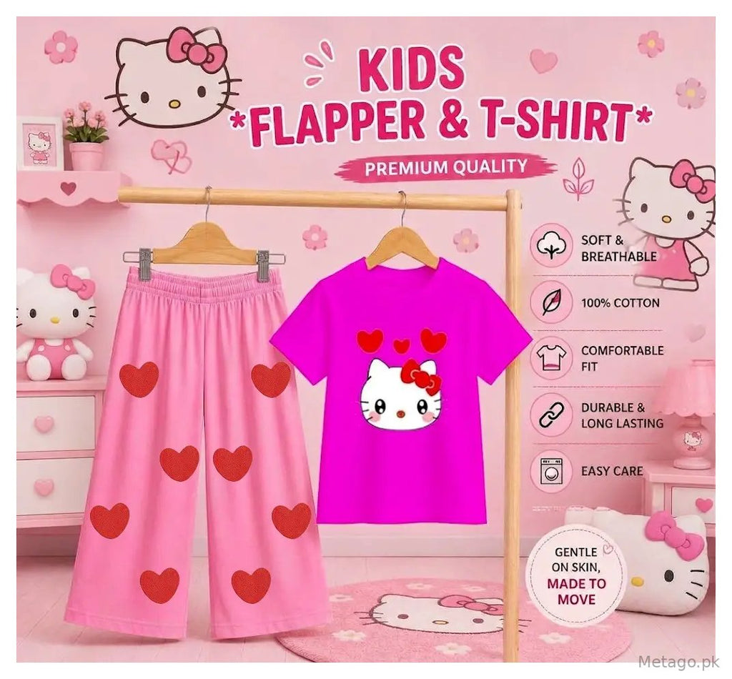 2 Pcs Girl's Stitched Jersey Printed Pajama And Shirt