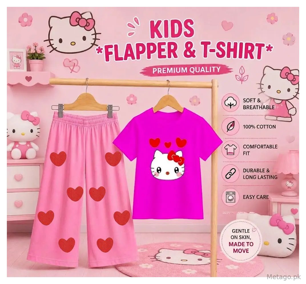 2 Pcs Girl's Stitched Jersey Printed Pajama And Shirt