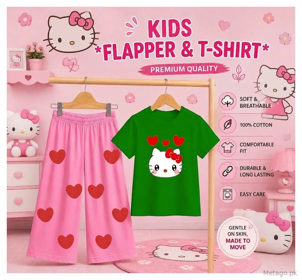 2 Pcs Girl's Stitched Jersey Printed Pajama And Shirt