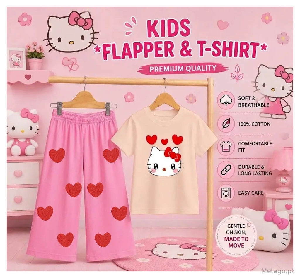 2 Pcs Girl's Stitched Jersey Printed Pajama And Shirt