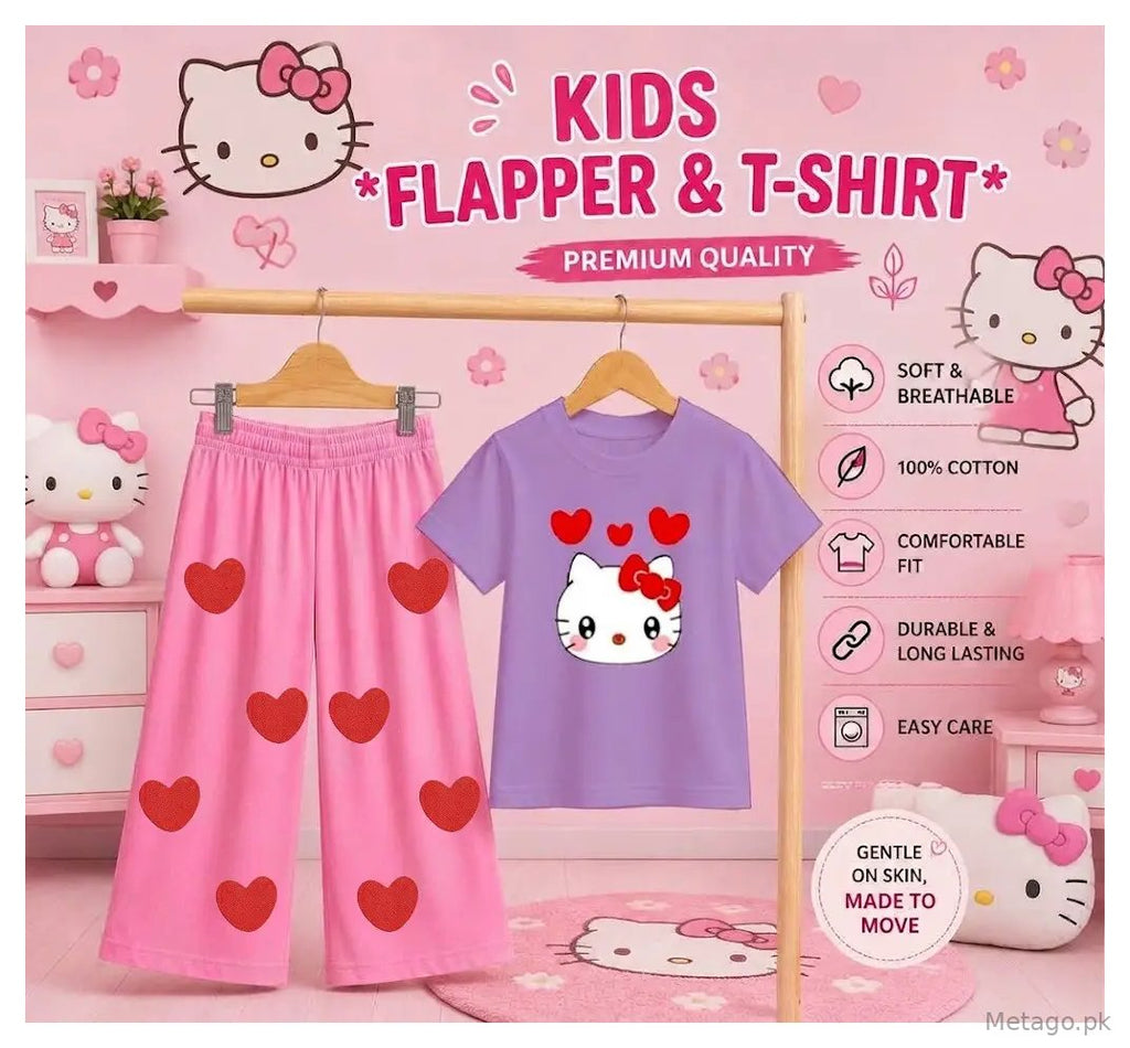 2 Pcs Girl's Stitched Jersey Printed Pajama And Shirt