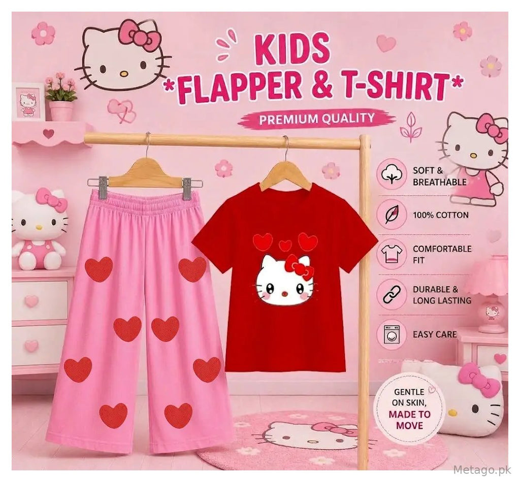 2 Pcs Girl's Stitched Jersey Printed Pajama And Shirt