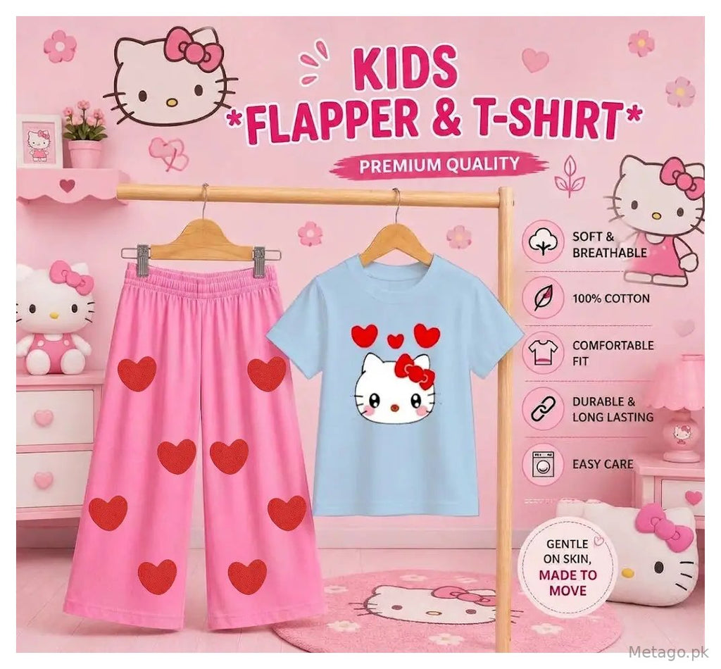 2 Pcs Girl's Stitched Jersey Printed Pajama And Shirt