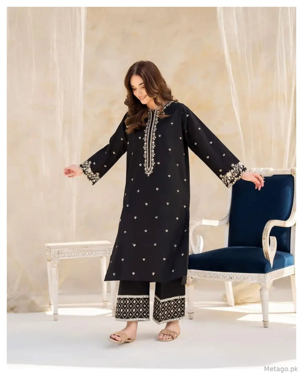 2 Pcs Women's Stitched Cotton Embroidered Shirt And Trouser