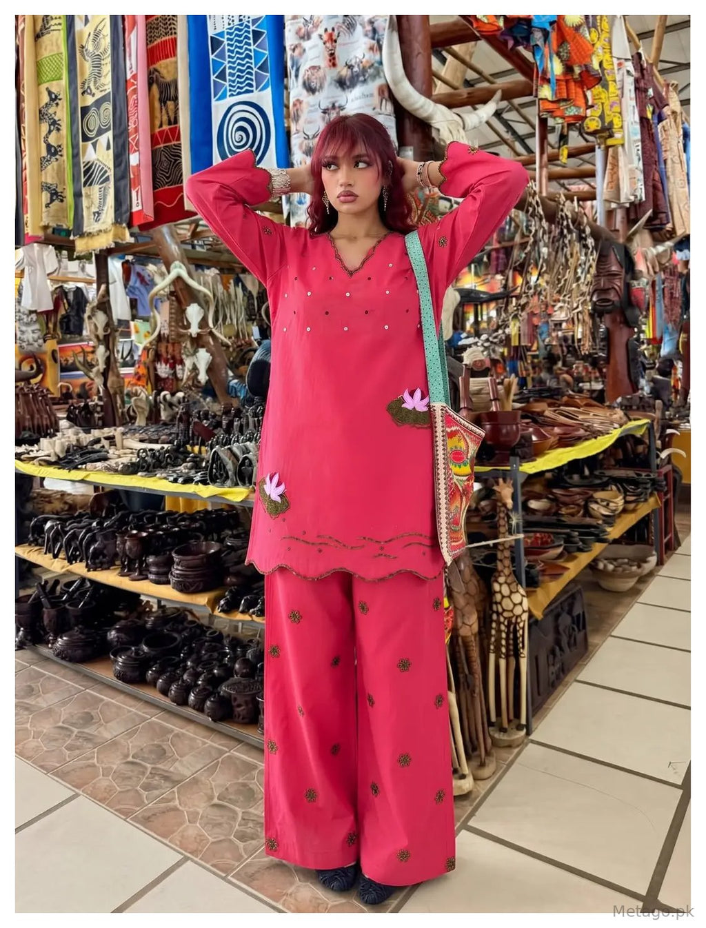 2 Pcs Women's Stitched Cotton Embroidered Shirt And Trouser