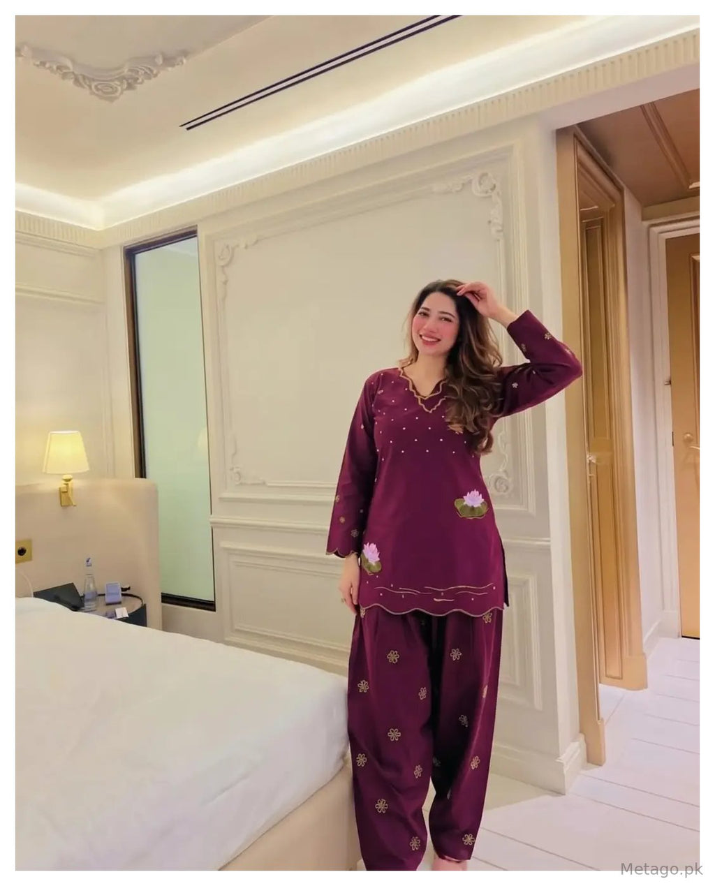 2 Pcs Women's Stitched Cotton Embroidered Shirt And Trouser