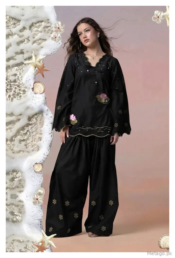 2 Pcs Women's Stitched Cotton Embroidered Shirt And Trouser