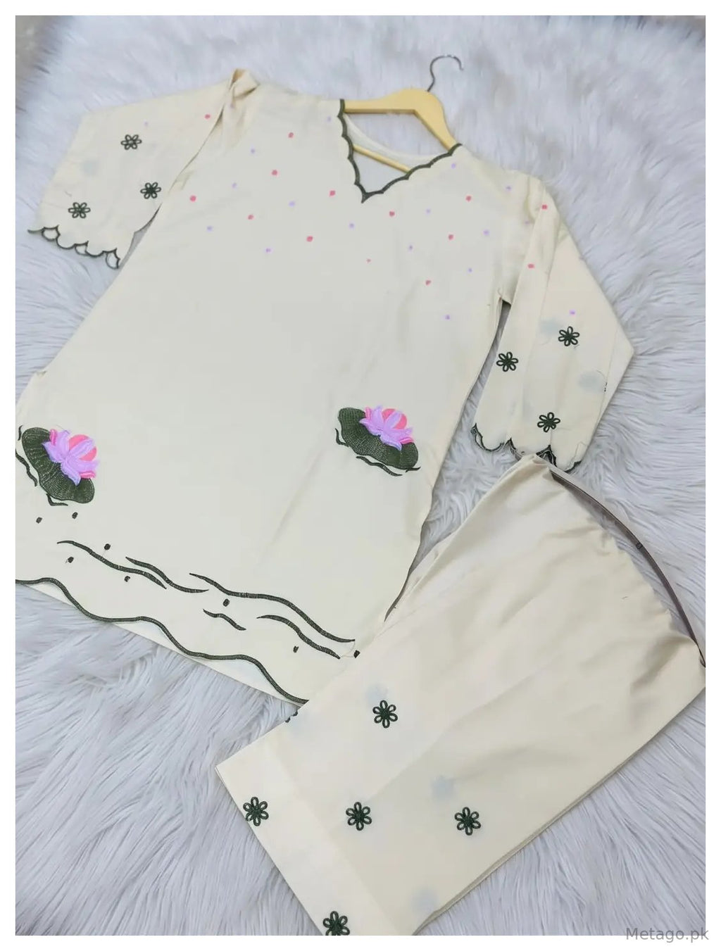 2 Pcs Women's Stitched Cotton Embroidered Shirt And Trouser