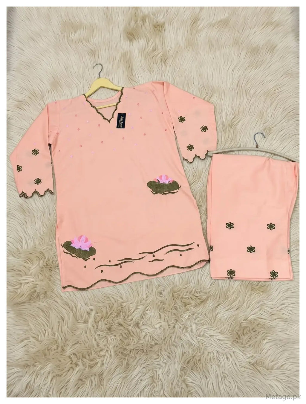2 Pcs Women's Stitched Cotton Embroidered Shirt And Trouser