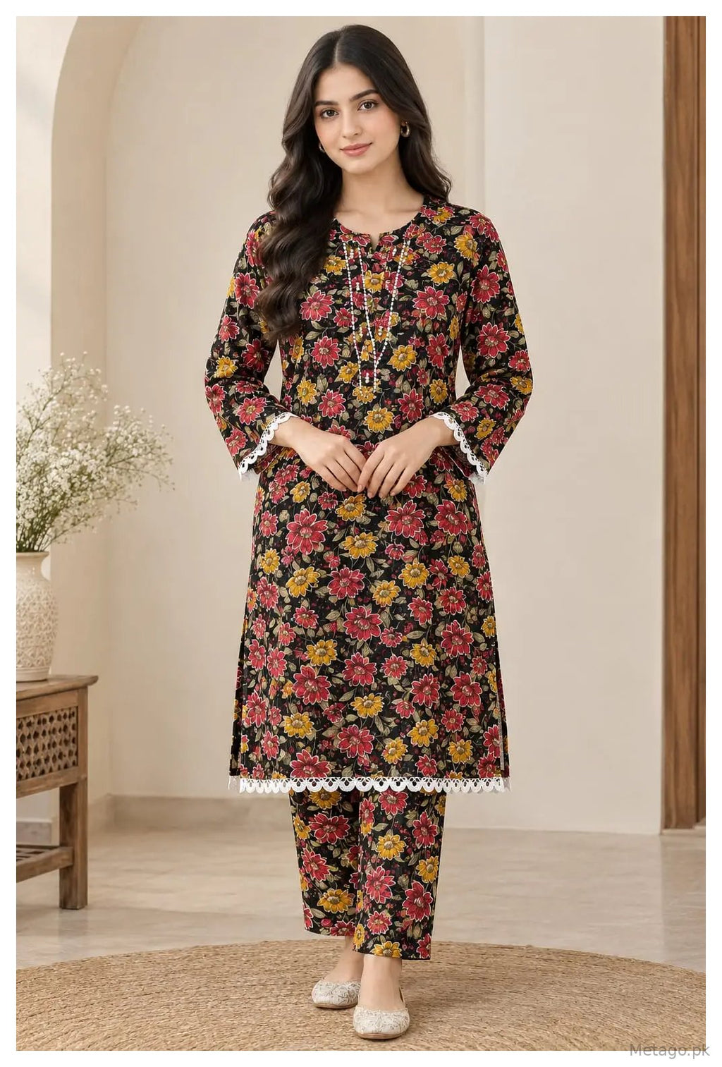 2 Pcs Women's Stitched Crystal  Printed Shirt And Trouser