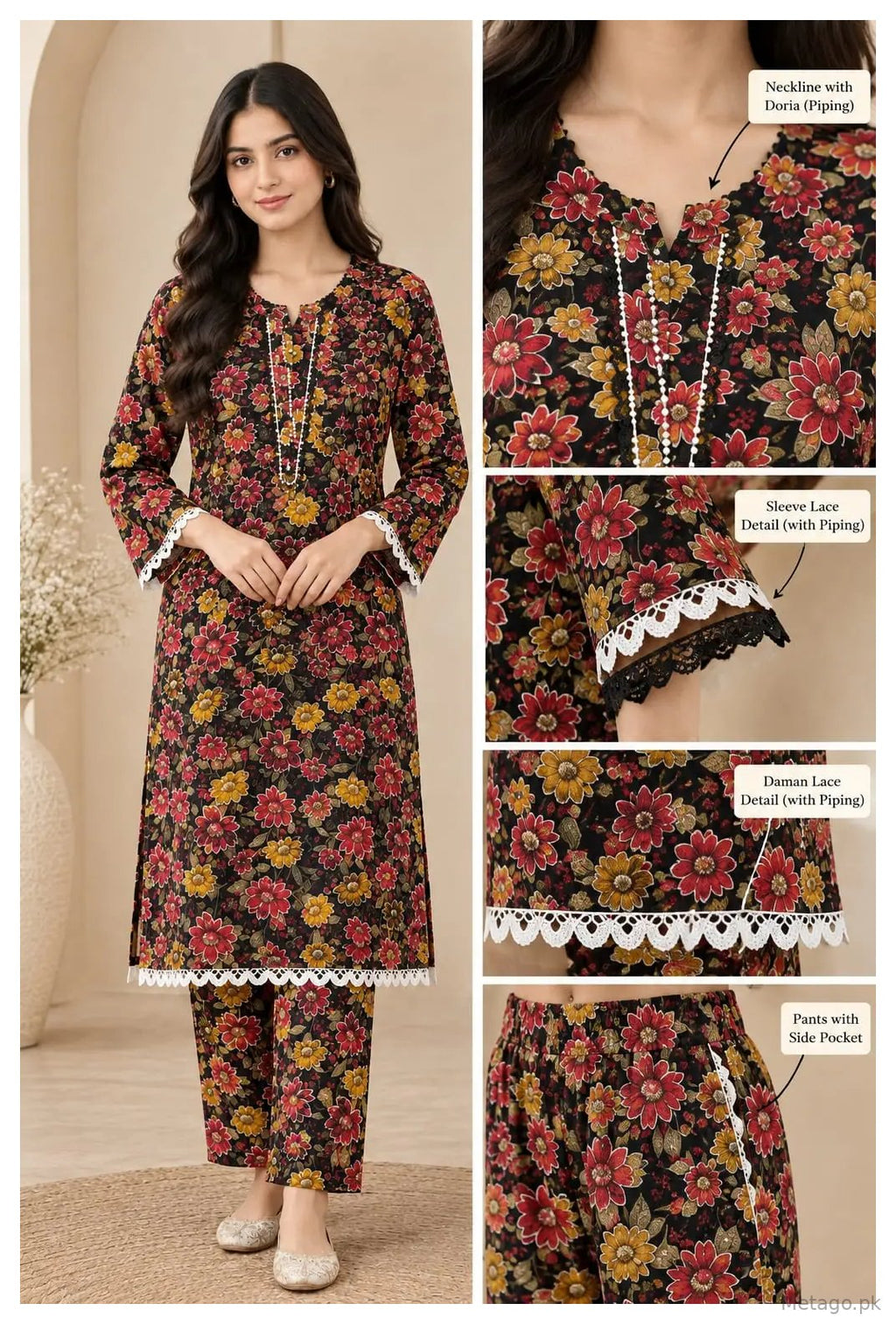 2 Pcs Women's Stitched Crystal  Printed Shirt And Trouser