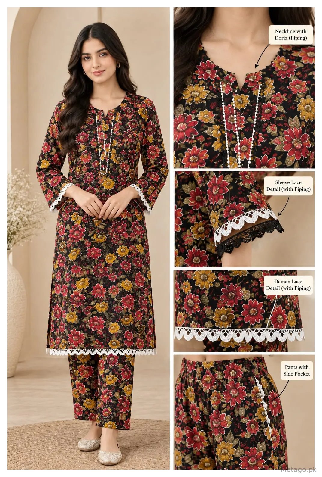 2 Pcs Women's Stitched Crystal  Printed Shirt And Trouser
