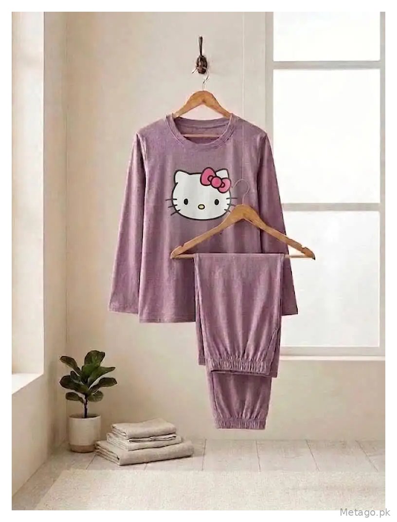 2 Pcs Women's Stitched Jersey Printed Night Suit