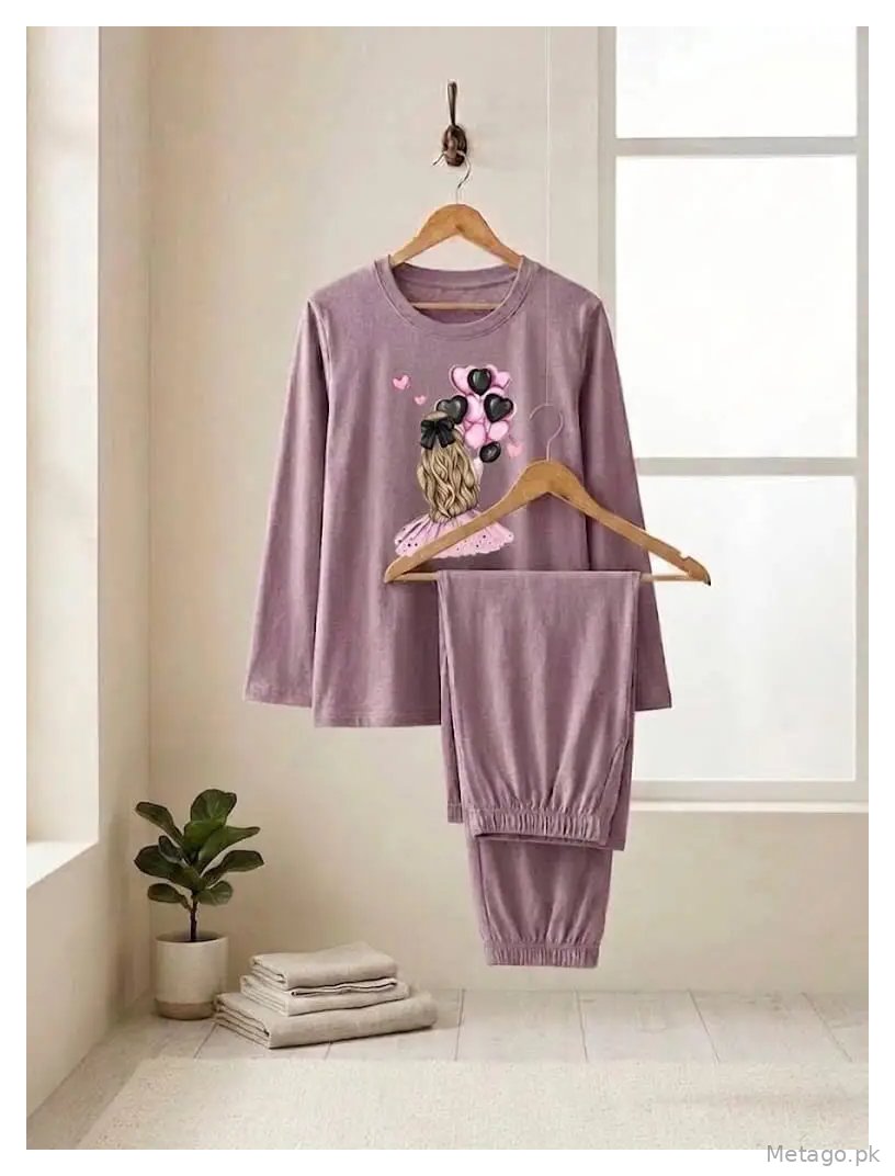 2 Pcs Women's Stitched Jersey Printed Night Suit