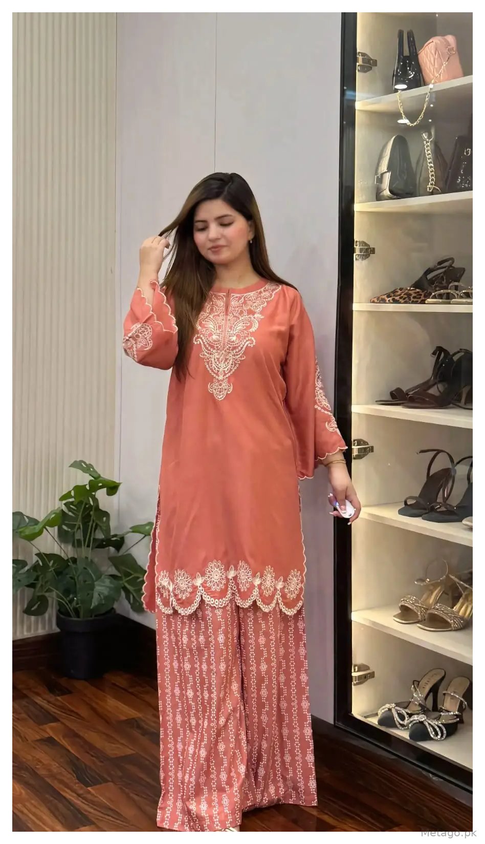 2 Pcs Women's Stitched Linen Embroidered Shirt And Trouser