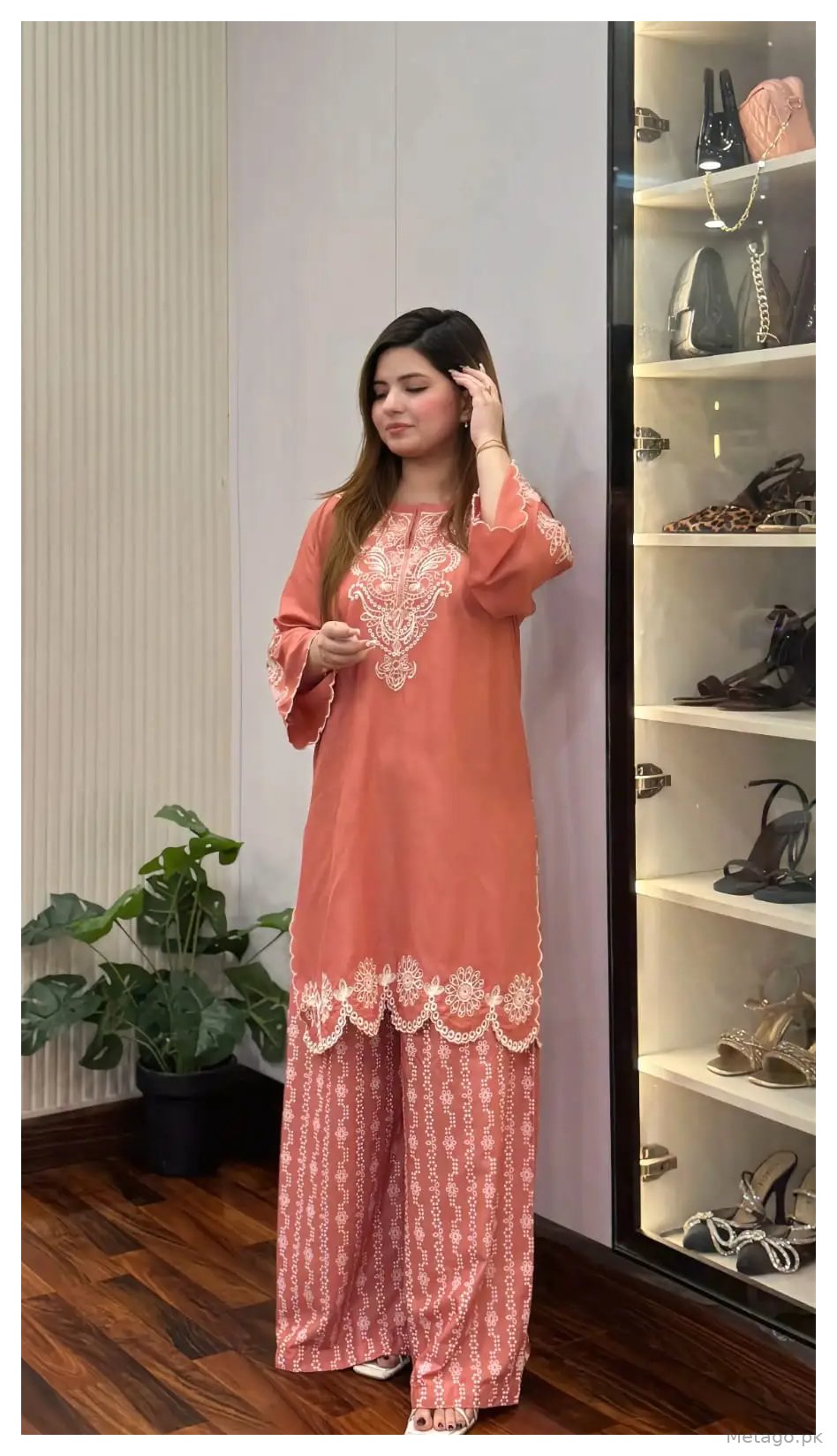 2 Pcs Women's Stitched Linen Embroidered Shirt And Trouser