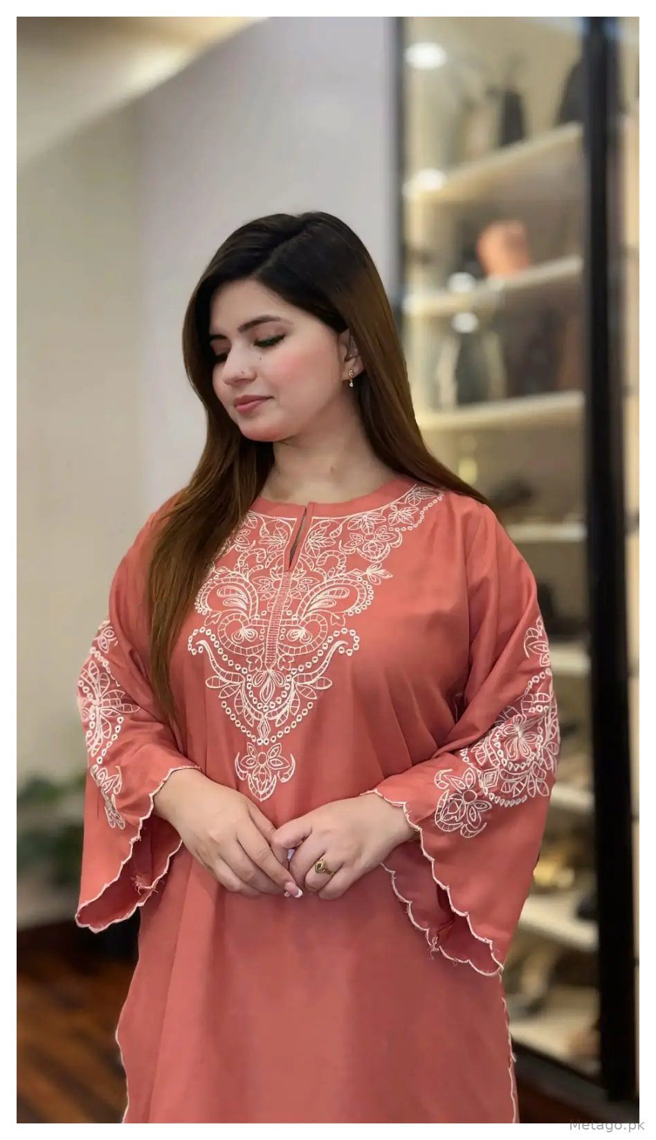 2 Pcs Women's Stitched Linen Embroidered Shirt And Trouser