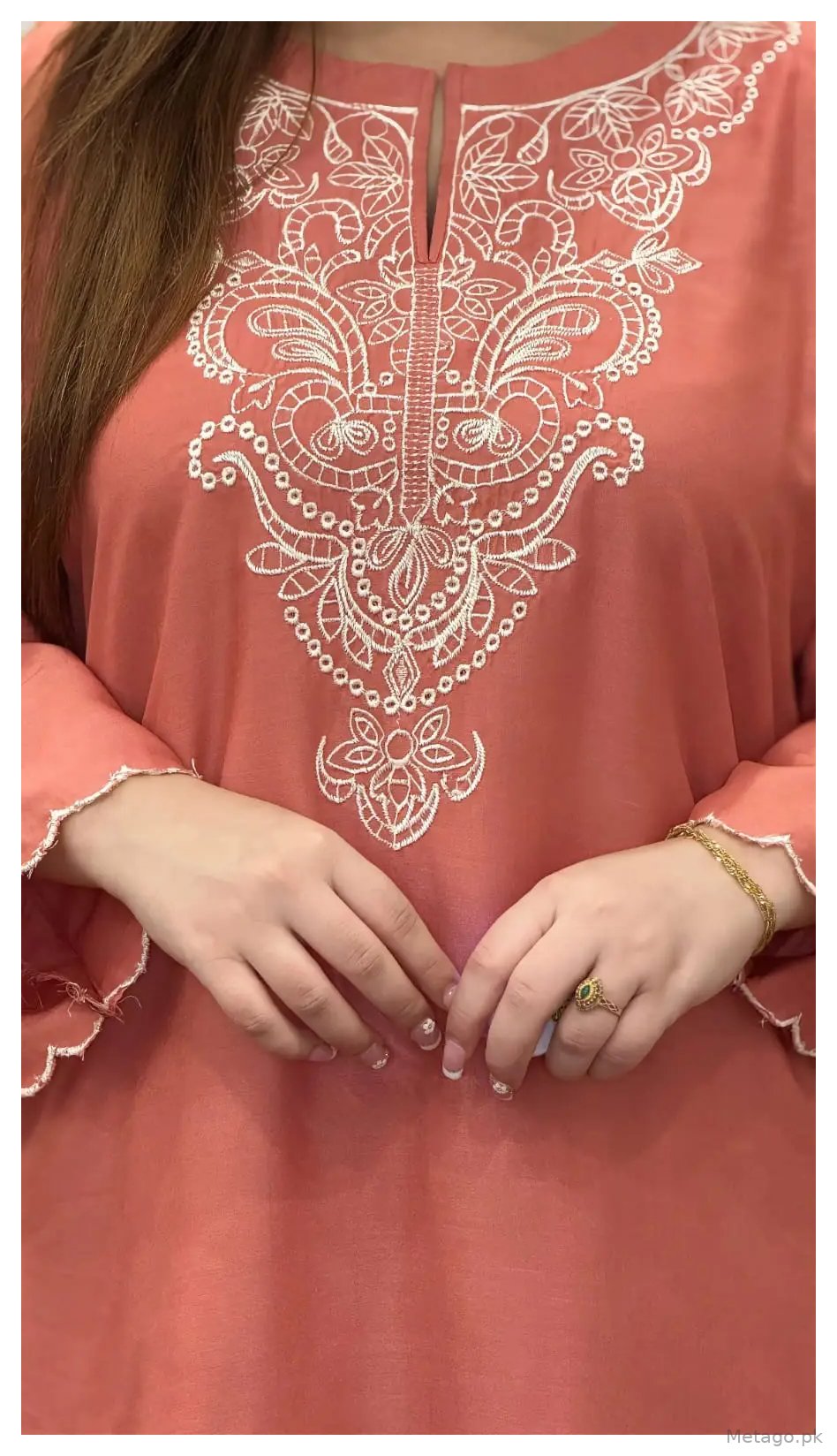 2 Pcs Women's Stitched Linen Embroidered Shirt And Trouser