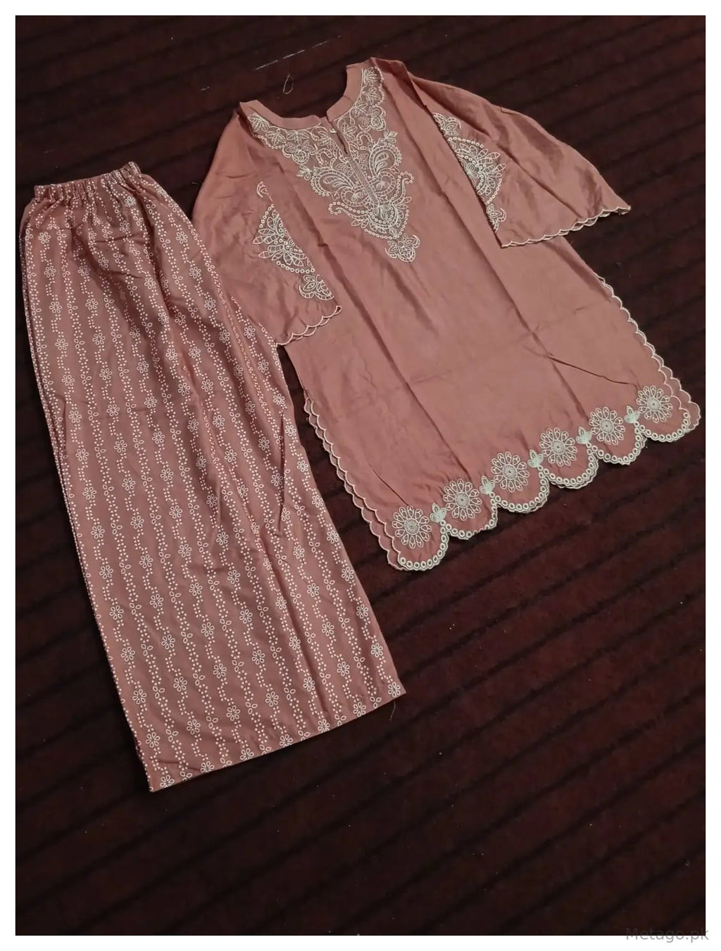 2 Pcs Women's Stitched Linen Embroidered Shirt And Trouser