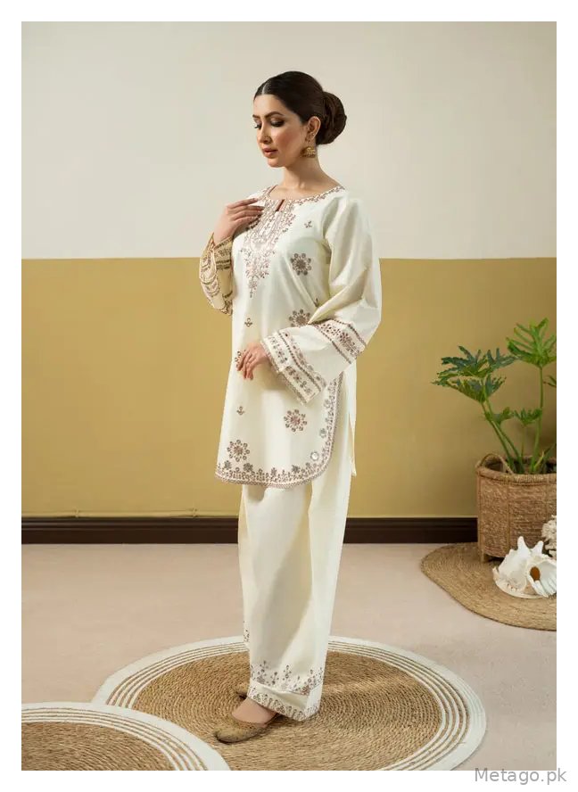 2 Pcs Women's Stitched Linen Embroidered Shirt And Trouser