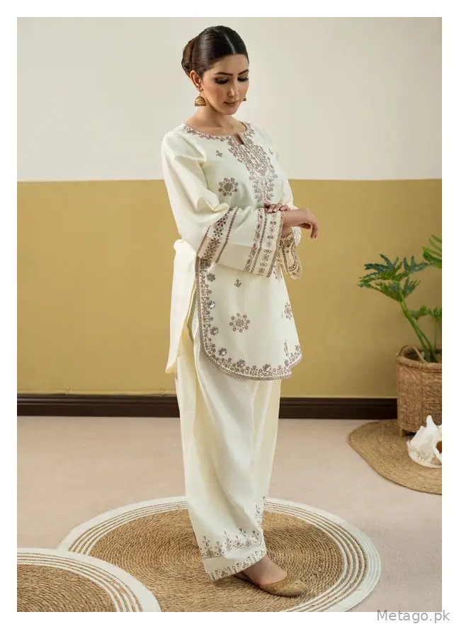 2 Pcs Women's Stitched Linen Embroidered Shirt And Trouser