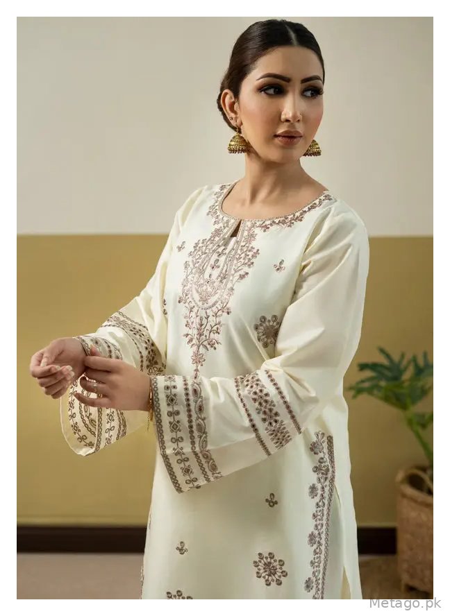 2 Pcs Women's Stitched Linen Embroidered Shirt And Trouser