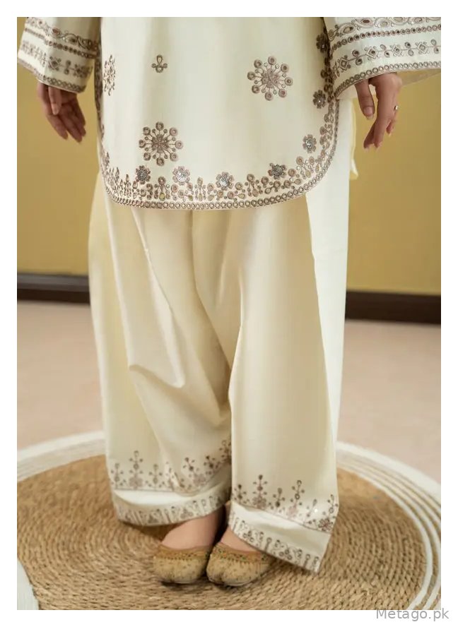 2 Pcs Women's Stitched Linen Embroidered Shirt And Trouser
