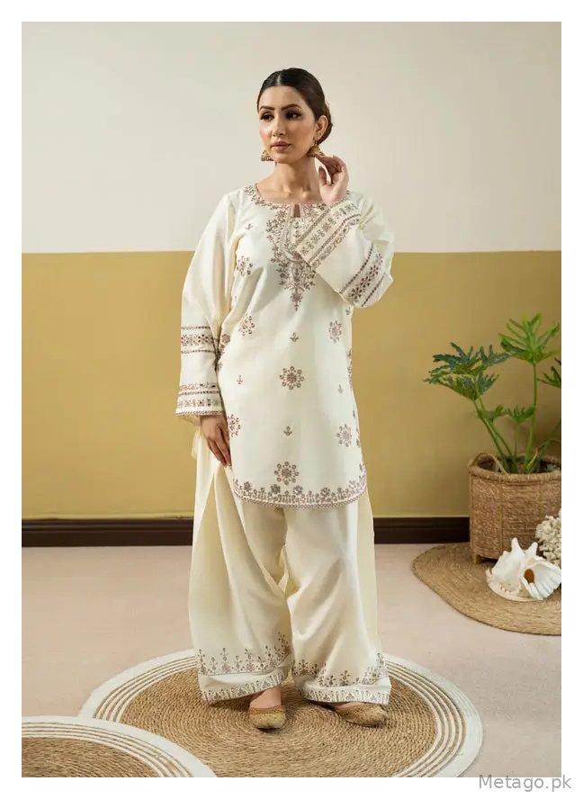 2 Pcs Women's Stitched Linen Embroidered Shirt And Trouser